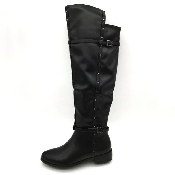 Ashro Womens Boots Black Faux Leather Over The Knee Side Zip Block Heel 7 NEW - Picture 1 of 7